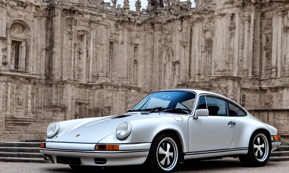 Prompt: photo of a retro porsche 911 in a beautiful palace