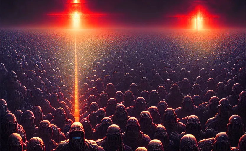 Prompt: cyborg army invading hell by dan mumford and zdzisław beksinski, fine details, digital art, volumetric lighting, cinematic light, photorealistic