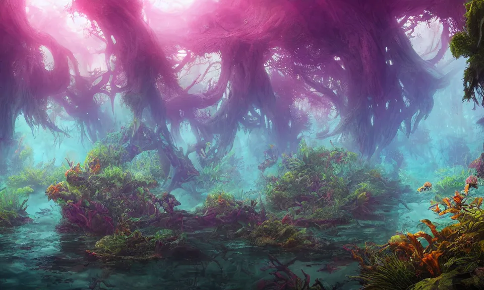 Prompt: underwater forest, digital art, concept art, magic fantasy, scenic, vibrant colors, high contrast, highly detailed, trending on artstation, 8k, andreas rocha, sylvain sarrailh, darek zabrocki, finnian macmanus, dylan cole, liang mark, albert bierstadt, sung choi, peter mohrbacher, greg rutkowski, studio ghibli