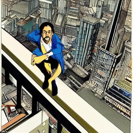 Prompt: Nic Cage sitting high atop the city on the edge of a building, cyberpunk, cel illustration, exquisitely detailed, Monkey Punch, Hayao Miyazaki, Kazuma Kaneko