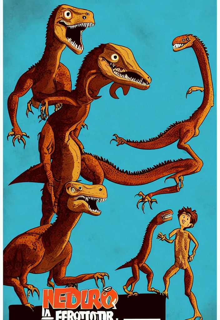 Prompt: a child looking at a velociraptor in the style of a retro poster, movie poster