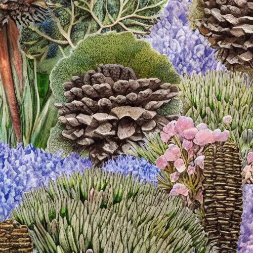 Prompt: delicate coastline mountain garden on paper, stony, puffy, botanical herbarium, botanic watercolors, iridescent, 8 k wide angle, realistic shaded, fine details, artstation, italian, colonnade, oak tree, pinecone, pomegranade, hydrangea, vines, gardena architecture, pompeian, sicilian