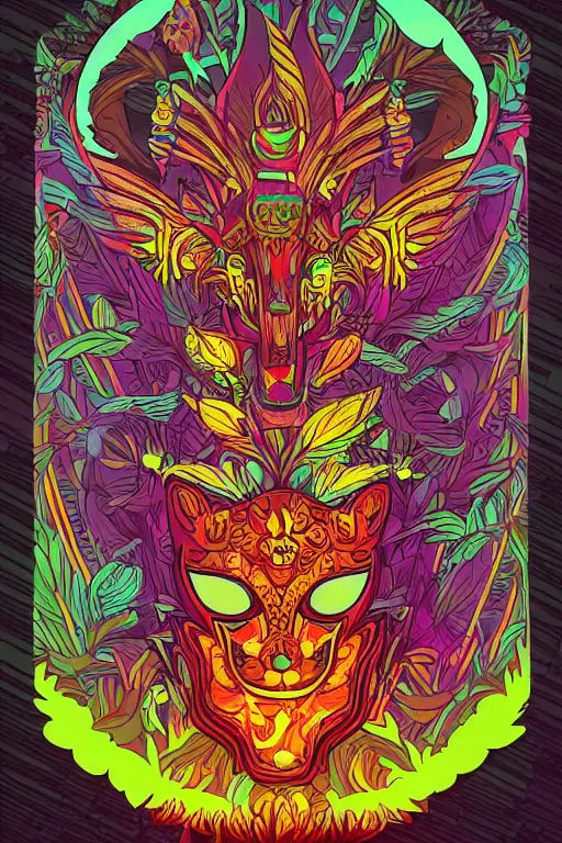 Image similar to animal mask totem roots flower tribal feather gemstone plant wood rock shaman vodoo video game vector cutout illustration vivid multicolor borderlands comics by josan gonzales and dan mumford radiating a glowing aura