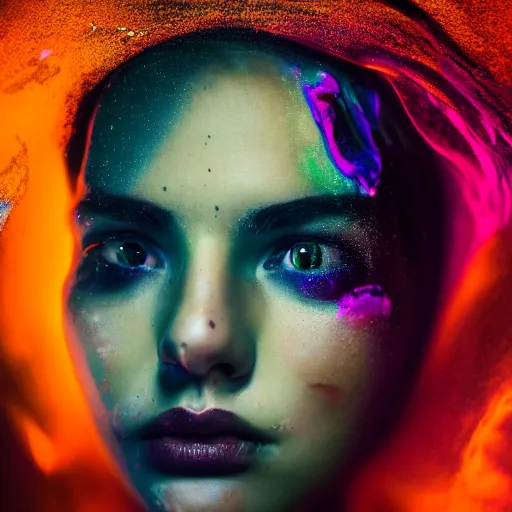 Prompt: beautiful female face portrait, beautiful portrait, photography by amy leibowitz and filip fedorov, urban city photography, close up portrait, cinematic still, film still, magic hour, dark mood, cold colors, sony, kodak, long exposure, art noveau painting, liquid marble fluid painting, neon glow