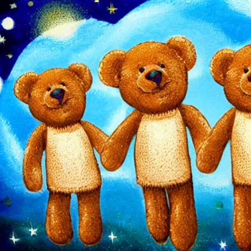 Prompt: a group of teddy bears holding hands under a starry sky