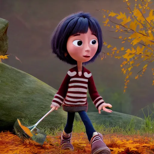 Image similar to a cute stopmotion animation character, a beautiful canadian woman, gardening, very attractive, spiky dark brown and grey hair, striped sweater, tight denim jeans, maroon doc marten boots, canadian maple leaves blowing about, mountains, autumn, unreal engine 5, 8 k, kubo and the two strings, disney, pixar,