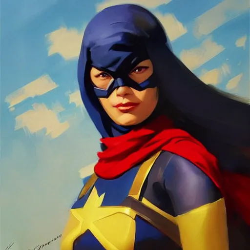 Prompt: greg manchess portrait painting of ms. marvel as overwatch character, medium shot, asymmetrical, profile picture, organic painting, sunny day, matte painting, bold shapes, hard edges, street art, trending on artstation, by huang guangjian and gil elvgren and sachin teng