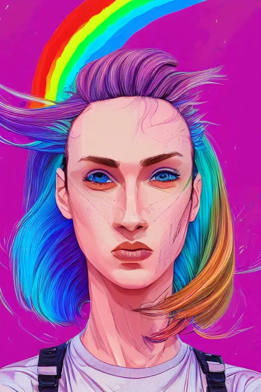 Image similar to a award winning half body portrait of a beautiful woman with stunning eyes in a croptop and cargo pants with rainbow colored ombre hairstyle head in motion and hair flying by josan gonzales, outrun, vaporware, shaded flat illustration, digital art, trending on artstation, highly detailed, fine detail, intricate