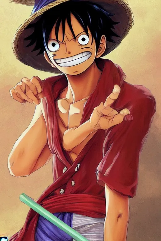 Image similar to Luffy from One Piece wearing a straw hat highly detailed, digital painting, artstation, concept art, sharp focus, illustration, art by artgerm and greg rutkowski and alphonse mucha