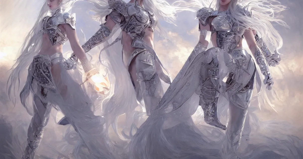 Image similar to white hair knight of zodiac girl, sliver ice color reflected armor, taekwondo dance in ruined agora of athens sunrise, ssci - fi and fantasy, intricate and very very beautiful and elegant, highly detailed, digital painting, artstation, concept art, smooth and sharp focus, illustration, art by tian zi and wlop and alphonse mucha