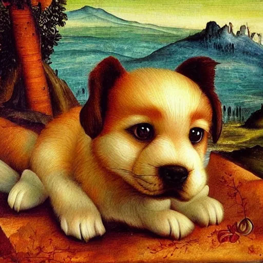 Image similar to a cute little bovaro mountain dog puppy, renaissance painting, high quality, bright colors