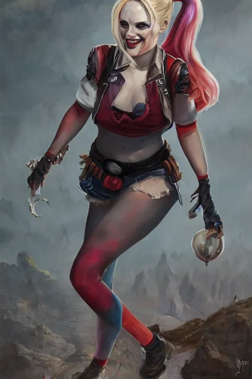 Image similar to a full body high detail fantasy portrait oil painting illustration of harley quinn by justin sweet with face and body clearly visible, in a scenic background, pretty eyes, realistic proportions, d & d, rpg, forgotten realms, artstation trending, high quality, sombre mood, artstation trending, muted colours, entire person visible!