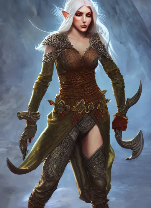 Image similar to full body concept art, heavy oil painting of a D&D style elven female thief with a very beautiful face and centered eyes wearing full intricate clothing, ultra detailed, octane render, 4K, micro details