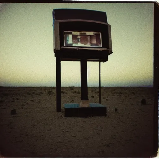 Image similar to a distant slot machine in the middle of a desert at night, very dark, dark lighting, old polaroid, damaged film, expired film, slightly blurry, liminal space, surreal,