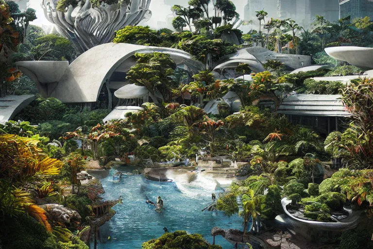 Prompt: brutalist futuristic white Aztec structures, manicured garden of eden, vivid pools and streams, tropical foliage, bromeliads, azaleas, birds, sculpture gardens, Winter, by Jessica Rossier and Brian Froud