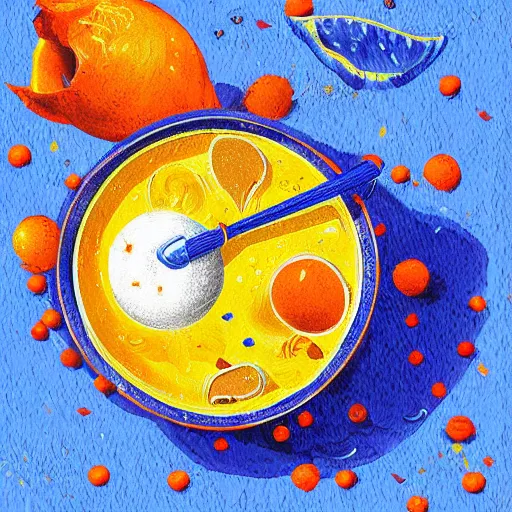 Image similar to boiling imagination in a bowl, super cute, ultra detailed, digital painting, dark blue, yellow, orange, red