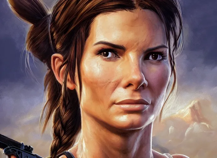 Image similar to face portrait of concentrated young Sandra Bullock as Lara Croft with pig-tails entering an incredible epic ruin, glorious sun beams, intricate, elegant, highly detailed, digital painting, short focus, illustration, Allan Lee, John Howe