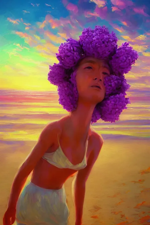 Image similar to closeup, giant lilac flower head, girl on beach, surreal photography, golden hour, colorful clouds, impressionist painting, digital painting, artstation, simon stalenhag