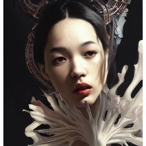 Image similar to Kiko Mizuhara, physically accurate, very dramatic dynamic lighting, intricate, very very elegant, highly detailed, digital painting, artstation, very hyperrealistic, very HR GIGER, very Bensinski, Hieronymus Bosch, Francis Bacon, concept art, smooth, sharp focus, illustration, art by artgerm and greg rutkowski and alphonse mucha