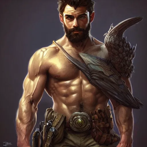 Prompt: rugged male ranger, handsome, D&D, upper body, muscular, hairy torso, fantasy, intricate, elegant, highly detailed, digital painting, artstation, concept art, smooth, sharp focus, illustration, art by artgerm and greg rutkowski and alphonse mucha