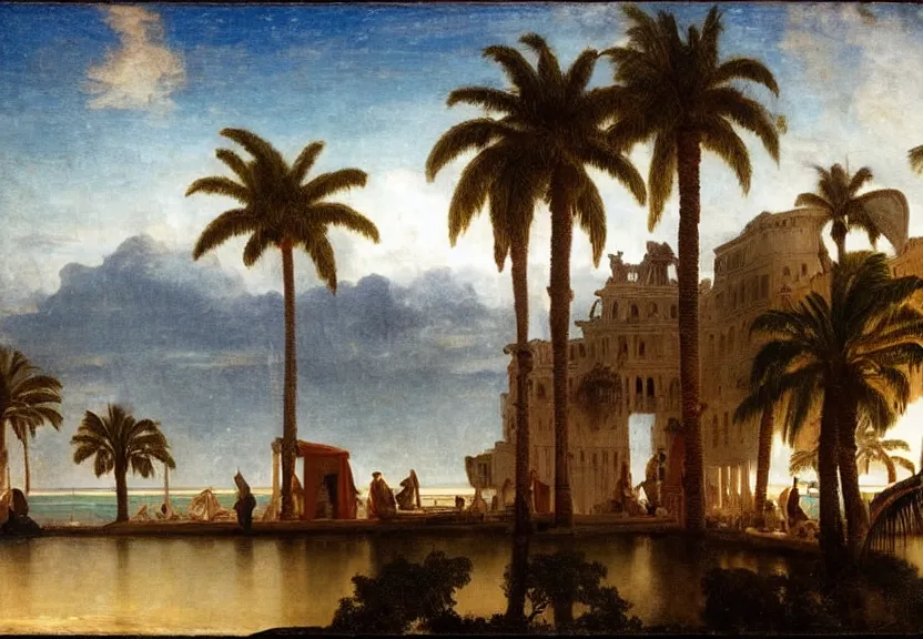 Image similar to Palace floating in the sky, caravels, thunderstorm, greek pool, beach and palm trees on the background major arcana sky, by paul delaroche, hyperrealistic 4k uhd, award-winning, very very very detailed