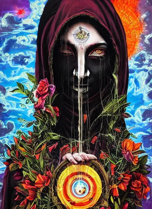 Image similar to acid tripping cult magic psychic woman, subjective consciousness psychedelic, epic surrealism expressionism symbolism story iconic, dark robed witch, oil painting, robe, symmetrical face, greek dark myth, by Sandra Chevrier, Gerald Brom masterpiece