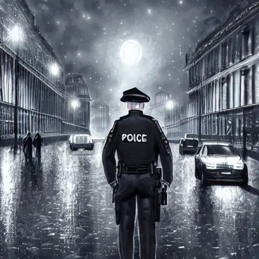 Image similar to A British police officer guarding London at night, highly detailed, ambient lighting, trending on art station