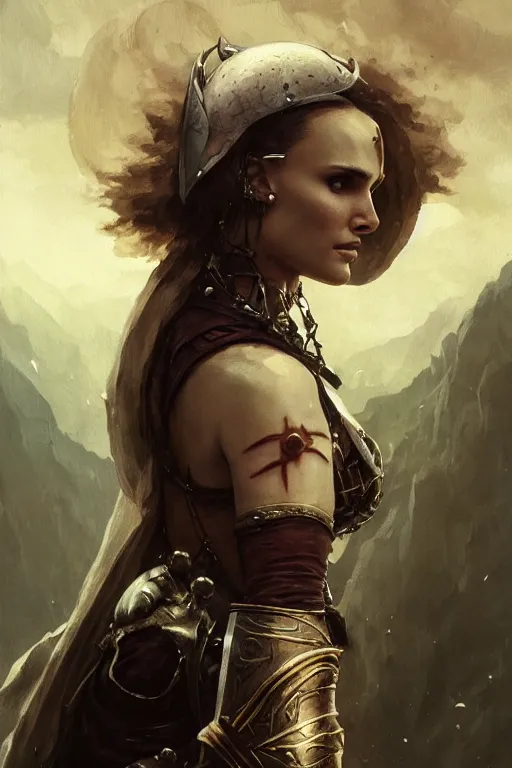 Image similar to natalie portman, legendary warrior, heroic, lord of the rings, tattoos, decorative ornaments, battle armor, by carl spitzweg, ismail inceoglu, vdragan bibin, hans thoma, greg rutkowski, alexandros pyromallis, perfect face, fine details, realistic shading photorealism