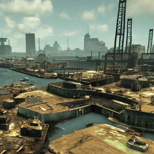 Prompt: rotterdam harbor in ruins post - nuclear war in fallout 4, in game screenshot