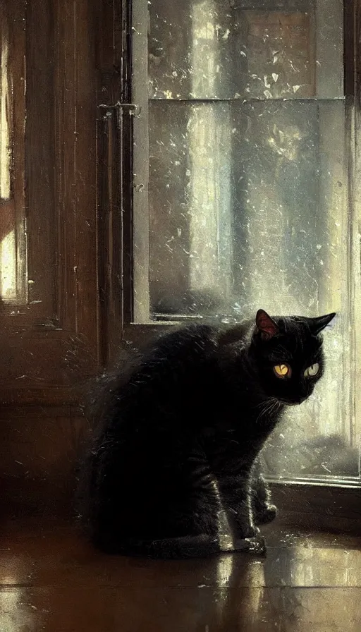 Prompt: a dramatic portrait of a cat inside a modern apartment, intricate oil painting, hyperdetailed, ethereal, cinematic, dramatic lighting, by jeremy mann and julius adam ii