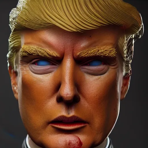 Image similar to donald trump full body detailed, ethereal, cyborg, covered in blood diamonds and other gems glowing, highly detailed face, elegant posed, evil expression, intricate, extremy detailed, beeple, cgsociety, 3 d unreal engine octane render. cinematic lighting, highly detailed 4 k art