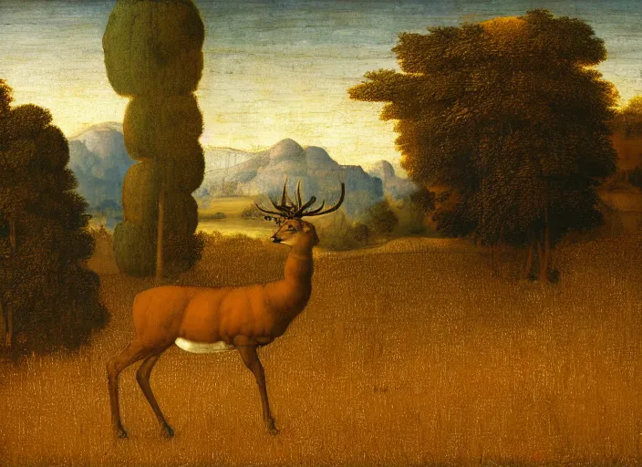 Image similar to A painting in the style Leonardo Da Vinci of a deer standing in a wheat field surrounded by a forest