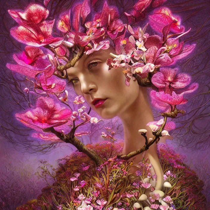 Image similar to extremely psychedelic statue made of orchid and cherry blossom tree and mushroom, LSD, diffuse lighting, fantasy, intricate, elegant, highly detailed, lifelike, photorealistic, digital painting, artstation, illustration, concept art, smooth, sharp focus, art by John Collier and Albert Aublet and Krenz Cushart and Artem Demura and Alphonse Mucha