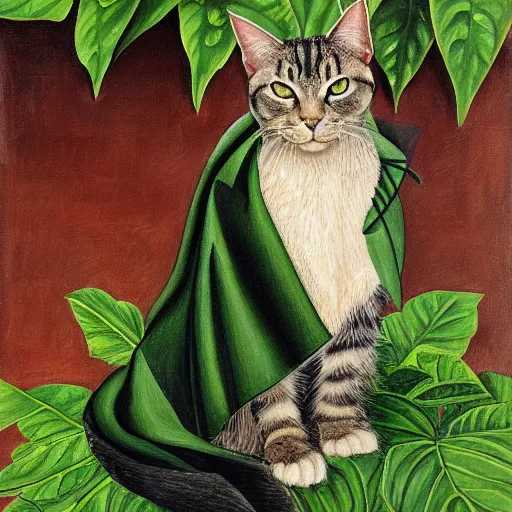 Image similar to a reneissance painting of a maincoon cat among big green leaves, wearing a batman cowl, very detailed, in the style of mantegna