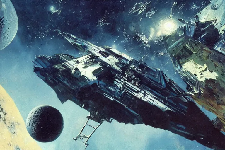 Image similar to an black alien spaceship taking off from the moon, earth in the background, cinematic, shadows, 4 k, detailed, by john berkey!!!!!! and peter jackson and ridley scott and beeple!!! and greg rutowski