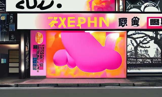 Prompt: Japan sightseeing, a poster design for a contemporary graphic design exhibition, by KAWS, open negative space, clean color and neon fluorescent airbrush accents typographic graphic design volumetric octane render