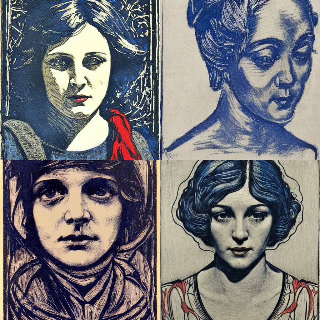 Prompt: portrait, realism, woodcut, art nouveau ( 1 9 2 2 ), happy, pyrrol scarlet, titanium white, phthalo blue, stathmore 4 0 0, 3 5 mm, f 3 2, grisaille, luminous