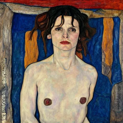 Image similar to Juliette Binoche in a bahay kubo, portrait, oil on canvas, by Egon Schiele