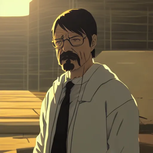 Image similar to portrait of walter white, screenshot from an anime, makoto shinkai