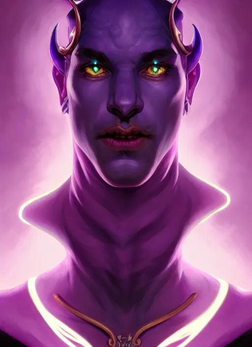 Image similar to symmetry!! portrait of a male purple and teal skinned tiefling with demon horns and piercings, glowing lights!! intricate, elegant, highly detailed, digital painting, artstation, concept art, smooth, sharp focus, illustration, art by artgerm and greg rutkowski and alphonse mucha