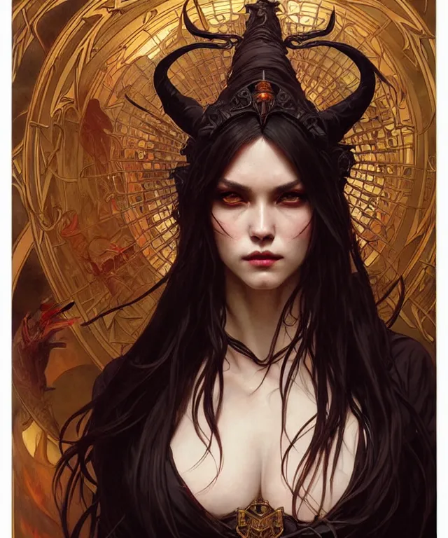 Prompt: a powerful angry demon witch, portrait, intricate, elegant, highly detailed, smooth, sharp focus, art by artgerm and greg rutkowski and alphonse mucha