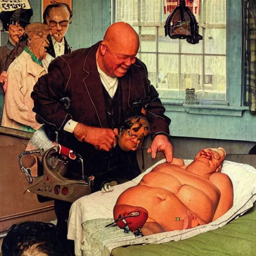 Prompt: Eric Scott Esch as butterbean attempts self brain surgery aided by a relatively unknown author, painted by norman rockwell and tom lovell and frank schoonover