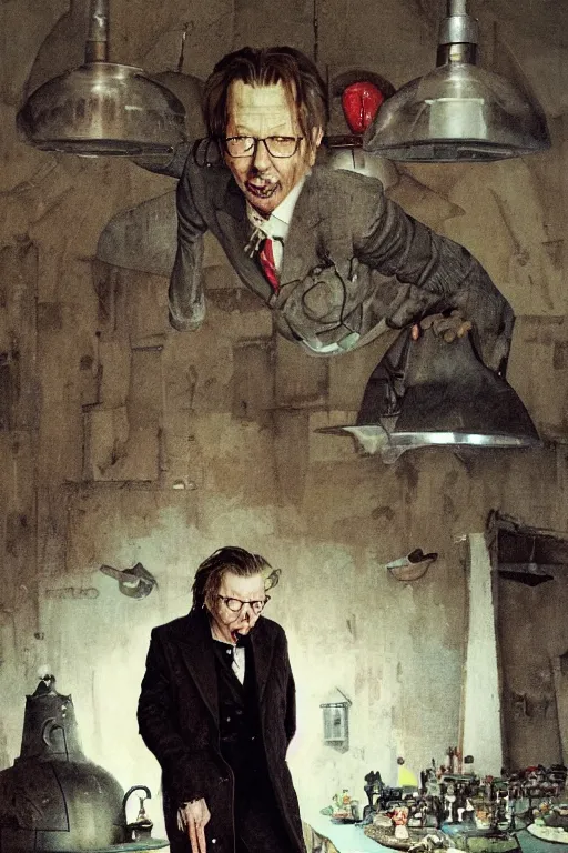 Prompt: portrait of gary oldman as a giant vampire, room of old hut in background, illustration by norman rockwell and greg rutkowski