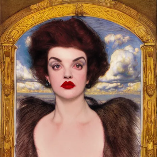 Image similar to portrait of a hybrid of judy garland and lady gaga, marfan syndrome, full lips, downward slanting eyes, with a brown fringe, holman hunt, john william waterhouse, kilian eng, rosetti, john everett millais, william holman hunt, 4 k