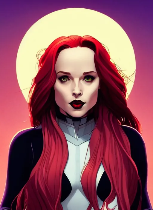 Image similar to Rafeal Albuquerque comic art, Joshua Middleton comic art, cinematics lighting, sunset colors, pretty female Madelaine Petsch Rogue x-men marvel, big smirk, symmetrical face, symmetrical eyes, long red hair and white hair, with white streak in hair, full body, flying in the air, sunset