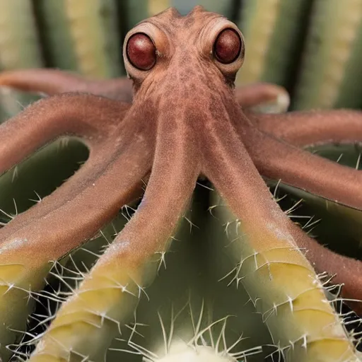 Prompt: An award winning closeup photo of an octopus made out of a cactus on a lab table, detailed prickly texture