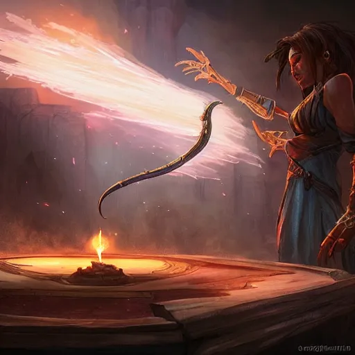 Prompt: ((((((((((magic pen))))))))), magic smoke trails on the magic pen, epic fantasy style, in the style of Greg Rutkowski, hearthstone artwork