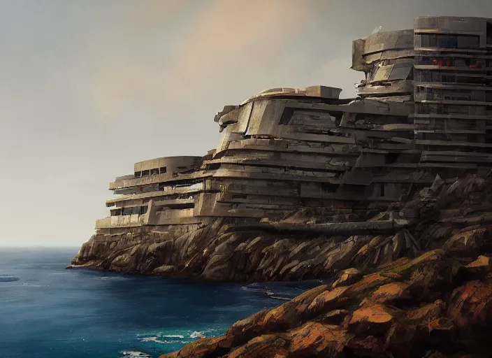 Prompt: villain brutalist big base of james bond, coastal perched on a cliff overlooking a magnificient bay, concept art oil painting by jama jurabaev, extremely detailed, hard brush, stroke brush, artstation