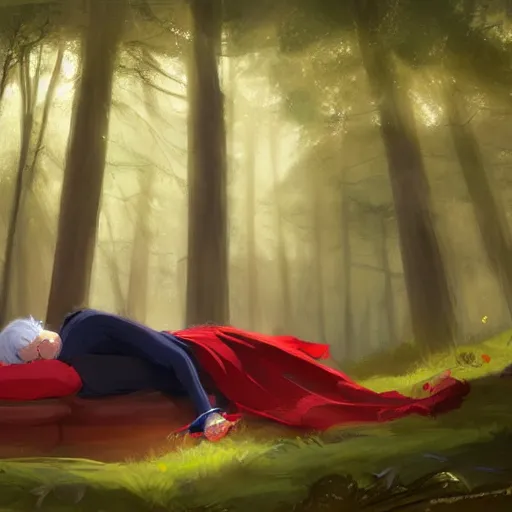 Image similar to girl sorcerer with white hair in a hairbun, wearing a black tshirt, wearing a subtle red scarf, and wearing blue jean. she is laying down sleeping, in a forest landscape. digital art, environment concept art, by rossdraws, ghibli, art by greg rutkowski