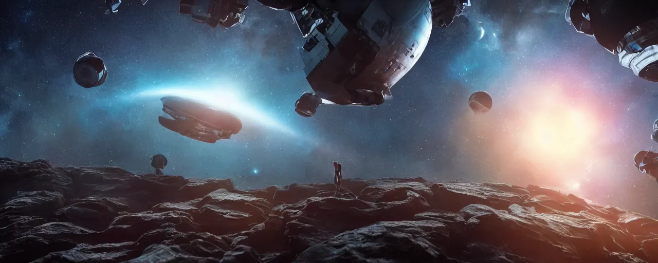 Image similar to movie still, thin galactic horizon, a dark epic galaxy, space scene, dark scifi, unreal engine, octane render, detailed and intricate, global illumination, volumetric lighting, hubble telescope images, james webb telescope images, houdini fluid simulation, detailed and intricate environment